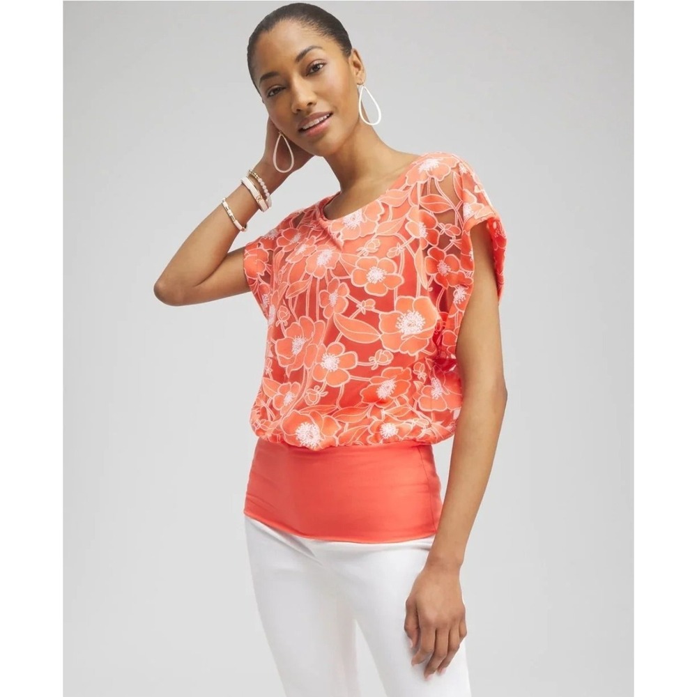 Chicos Womens 0 Trim Banded Hem Top SMall Orange FLoral Sheer‎ to tank